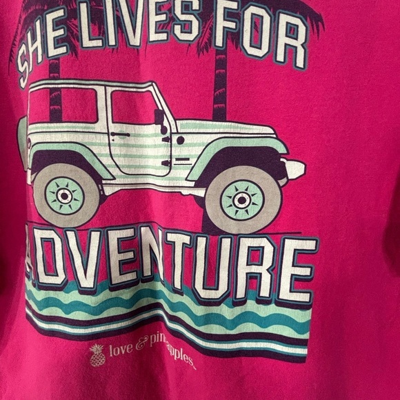 Pink Graphic Short Sleeve T-Shirt with a graphic of a Jeep on the Beach - Picture 4 of 6